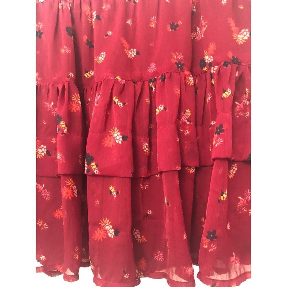 Free People Mini Skirt Size M Tiered Flair Lined Burgandy Floral Stretch Waist - Picture 3 of 7